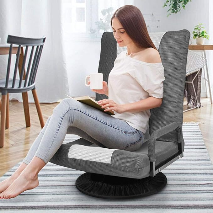 DORTALA 360 Degree Swivel Gaming Floor Chair 6-Position Adjustable Folding Floor Chair Comfortable Padded Backrest Lazy Sofa Chair Game Rocker for Teens Adults Gray