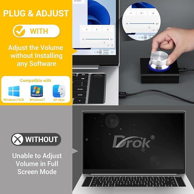 DROK USB Volume Control Knob - Computer Speaker External Volume Control with 1-Key Mute Function Programmable Compatible for PC/Mac/Android
