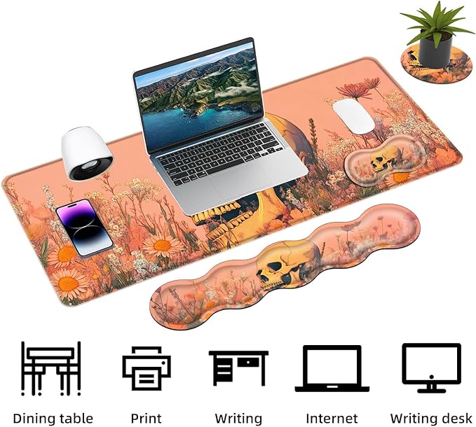 Keyboard Mouse Pad Set Extended Gaming Mouse Pad+Ergonomics Keyboard Wrist Rest Support Memory Foam Easy Typing Pain Relief 4Pcs XL Ultra Thick Desk MatSkull in Flower Field