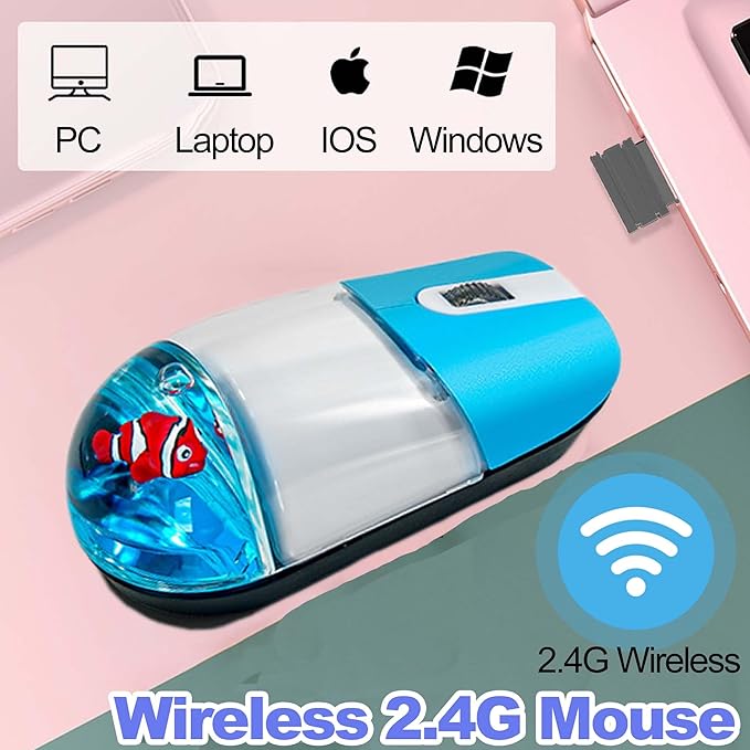 Wireless Mouse Cute Aqua Water Mouse Silent Lightweight Portable Clear Transparent Liquid Optical Retro Mouse with USB Receiver Floater Clownfish for PC Laptop Computer MacBook Kids Adult Gift(Blue)