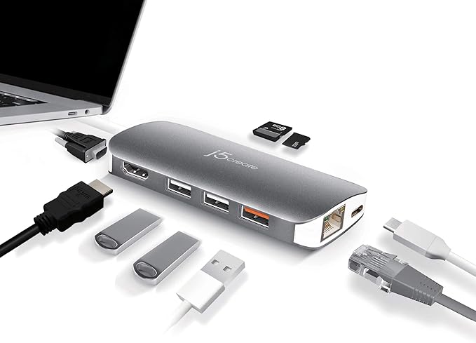 j5create USB C Hub Adapter Multi-Monitor 10-in-1 Port Docking Station 4K HDMI VGA Ethernet USB 3.0 MicroSD SD USB-C 3.1 + Power Delivery | for PC Laptop Tablet Display Connection