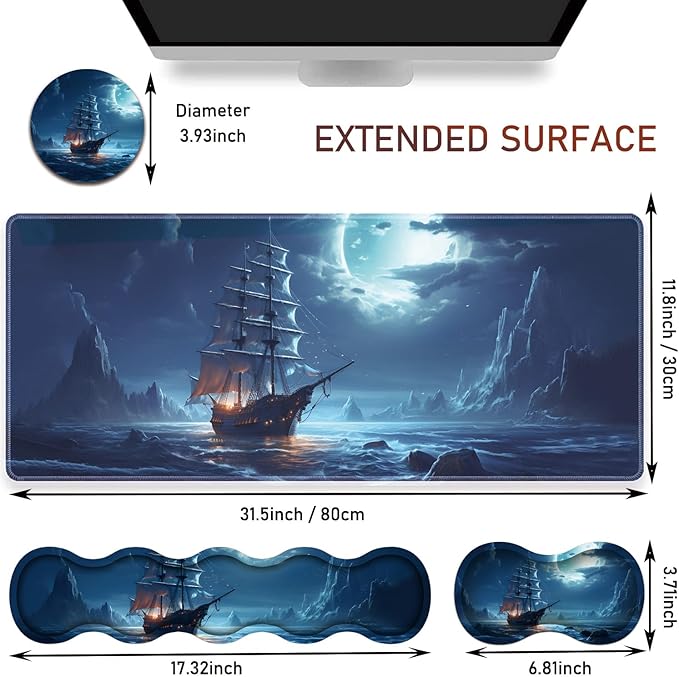 Large Gaming Table Pad 31.5 x 11.8 + Keyboard Wrist Pad + Mouse Wrist Pad + Coaster Non-Slip Base 4-in-1 Set Ergonomic Memory Foam Easy Typing Pain Relief Moon Ship Blue Sea