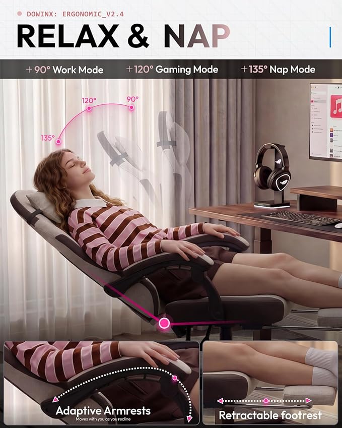 Dowinx Gaming Chair Fabric Gaming Chairs for Adults with Pocket Spring Cushions and Lumbar Support Ergonomic Massage Computer Chair with Footrest for Big and Tall Brown