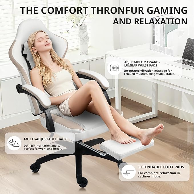Dowinx Gaming Chair Breathable Fabric Game Chair with Gel Pad and Storage Bag Comfortable Gamer Chair with Pocket Spring CushionErgonomic Computer Chair with FootrestBeige