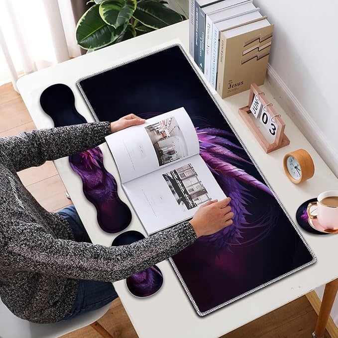 4 in 1 Mouse Pad Combo Large Gaming Mouse Pad + Keyboard Wrist Support + Mouse Wrist Rest + Coaster Table Pad 31.5 x 11.8 with Memory Foam Ergonomic Wrist Pad Set Flame Eyes Purple Dragon