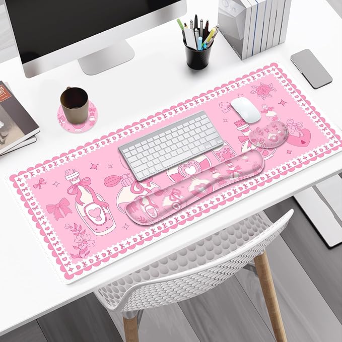 Desk Mat Pad Gaming Mouse Pad Wrist Support Set 4 in1 Non-Slip XXL Large Mousepad + Ergonomic Keyboard Wrist Rest+Mouse Wrist Rest+Coaster for Home Office Computer I Pink Kawaii Bow Bottle