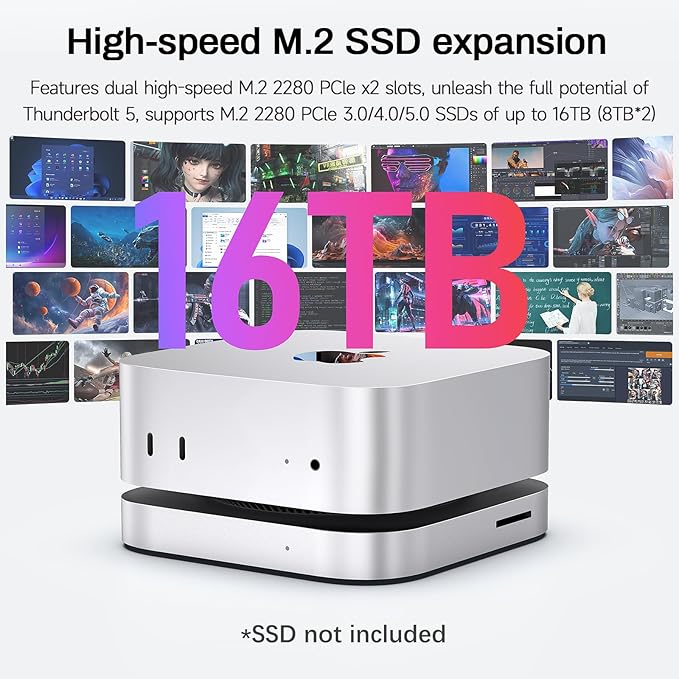 Mate Mini-A 80Gbps Mac mini M4 Dock &amp Stand Dual PCIex2 SSD Slot Max 16TB Expansion PD3.0 Port SD4.0 Card Reader 2.5G LAN 2*USB-A 5Gbps for Laptops/Desktop PC/Mini PC