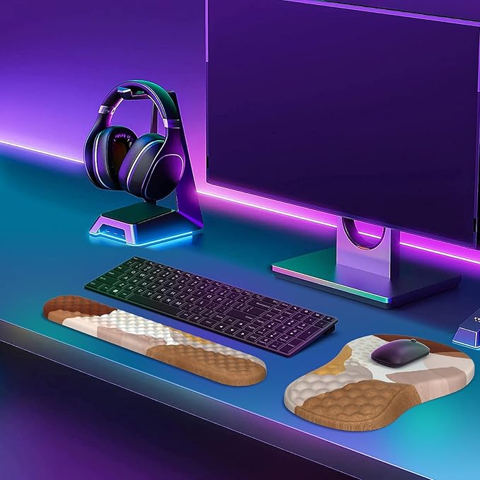 HAOCOO Ergonomic Mouse Pad with Wrist Support and Keyboard Pad Set 3 PCS Computer Carpal Tunnel Mouse Pads for Desk with Coaster Memory Foam Mousepad for Home Office Brown Boho