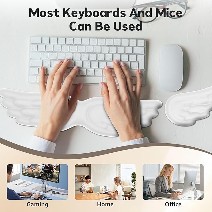Angel Wing Wrist Rest Set Ergonomic Memory Foam Keyboard and Mouse Pad Support Anti-Slip Waterproof PU Leather Wrist Cushion for Carpal Pain Relief Aesthetic Desk Decor for Office Gaming (#H)