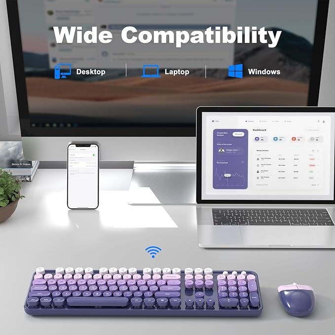 Wireless Keyboard and Mouse Combo MOWUX Full Size Typewriter Retro Round Computer Keyboard Cute Optical Mouse Wireless Plug and Play for Laptop PC Computer- Purple Gradient