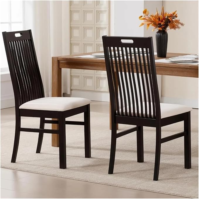 Adjustable Office Computer Chair with Armrest 1pcs Dark Brown Wood Dining Chairs with Spindle Slat High Back Upholstered Seat