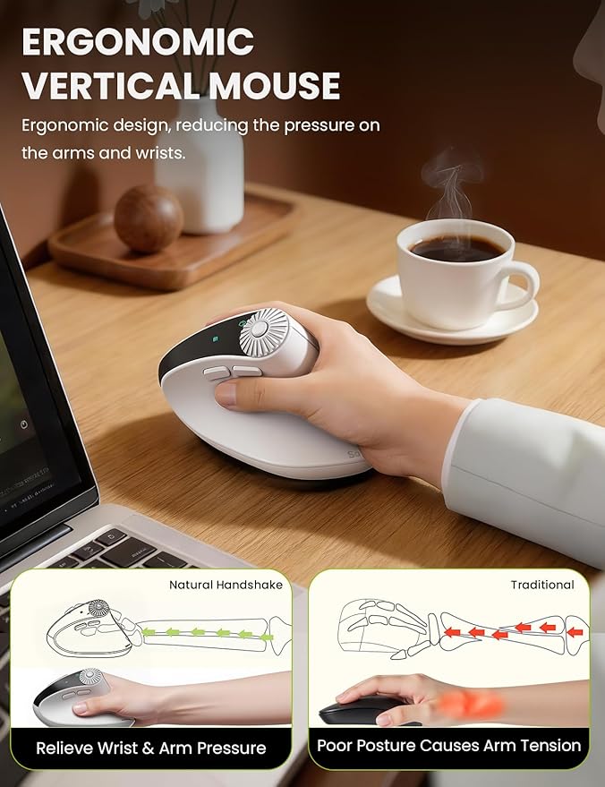 SABLUTE MAM51 Ergonomic Mouse Wireless with 3-in-1 Quick-Switch Scroll Wheel Vertical Mouse with 4000 DPI 8 Buttons Wireless Computer Mouse 2.4Ghz/Bluetooth Mouse for Laptop and Desktop-White