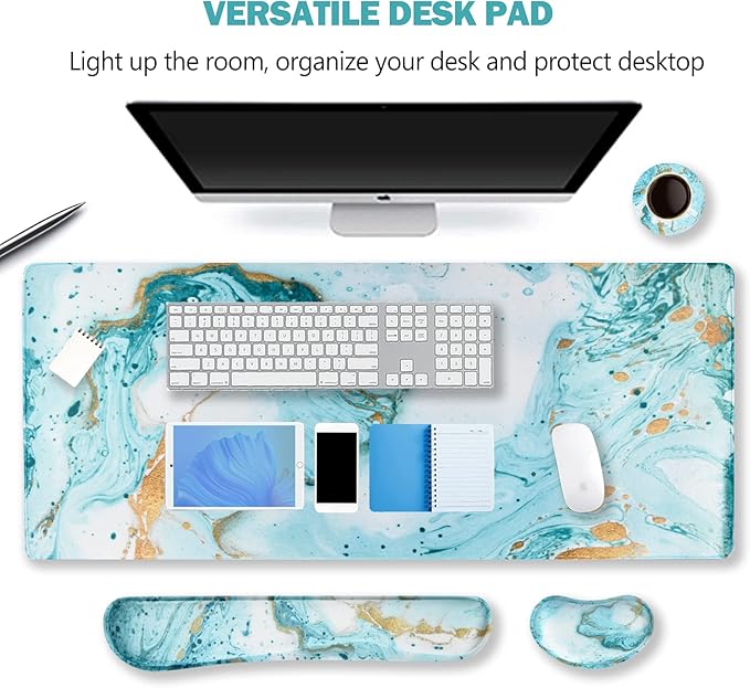 ARTSO Large Gaming Mouse Pad Keyboard Wrist Rest Pad &amp Wrist Support Mousepad Set Stitched Edge Extended Non-Slip Base Memory Foam Desk Mat 4pcs for Office &amp Home Teal Turqoise Marble