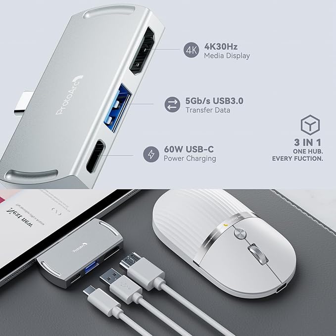ProtoArc USB C Wireless Bluetooth Mouse Multi-Device HubMouse for Business and Travel with Type C Hub Portable -White