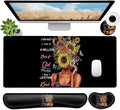 JVGFYNKL Large Gaming Mouse Pad Set Ergonomic Memory Foam Keyboard Wrist Rest Support + Mouse Wrist Rest + Extended Desk Mat with Non-Slip Rubber Base Inspiring Sunflower Girl Pattern Black Desk Pad