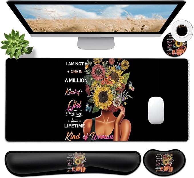 JVGFYNKL Large Gaming Mouse Pad Set Ergonomic Memory Foam Keyboard Wrist Rest Support + Mouse Wrist Rest + Extended Desk Mat with Non-Slip Rubber Base Inspiring Sunflower Girl Pattern Black Desk Pad
