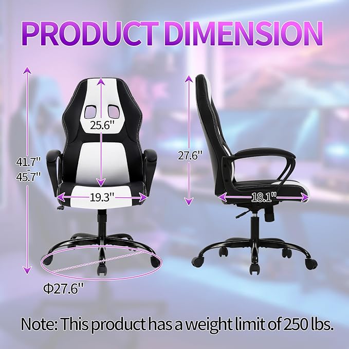 Gaming Chair Office Chair Adjustable Ergonomic High Back Massage Computer Desk Chairs with Lumbar Support PU Leather Racing Chairs Rolling Swivel for Adult &amp TeenWhite
