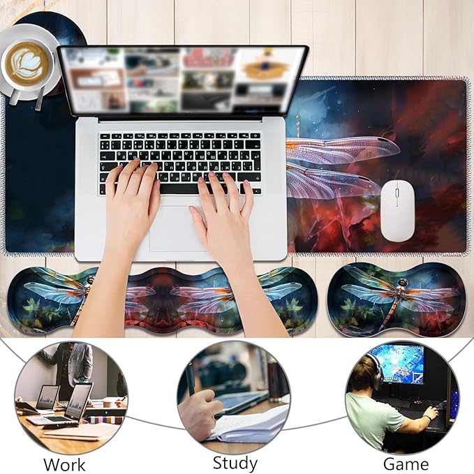 4 in 1 Mouse Pad Combo Large Gaming Mouse Pad + Keyboard Wrist Support + Mouse Wrist Rest + Coaster Table Pad with Stitched Edge Ergonomic Wrist Pad Set Art Dragonfly