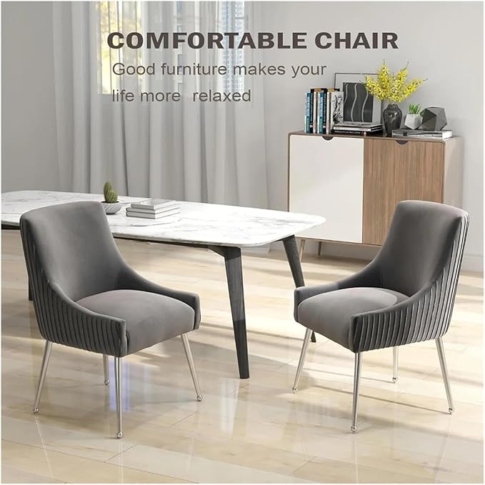 Adjustable Office Computer Chair with Armrest 1pcs Velvet Upholstered Dining Chair with with Backrest Pulling Rod and Silver Legs