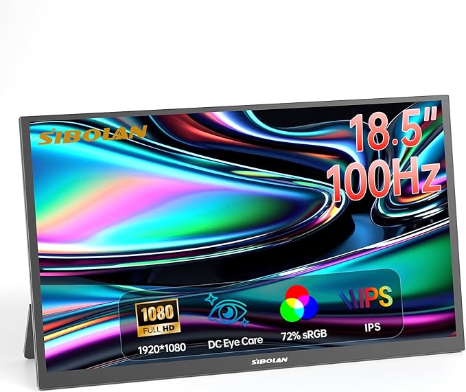 Portable Monitor 18.5inch 1080P FHD 100Hz Refresh Rate Gaming Monitor 72% sRGB IPS Panel Dual USB-C &amp Mini-HDMI for Laptop PC Phone Built-in Kickstand Speakers