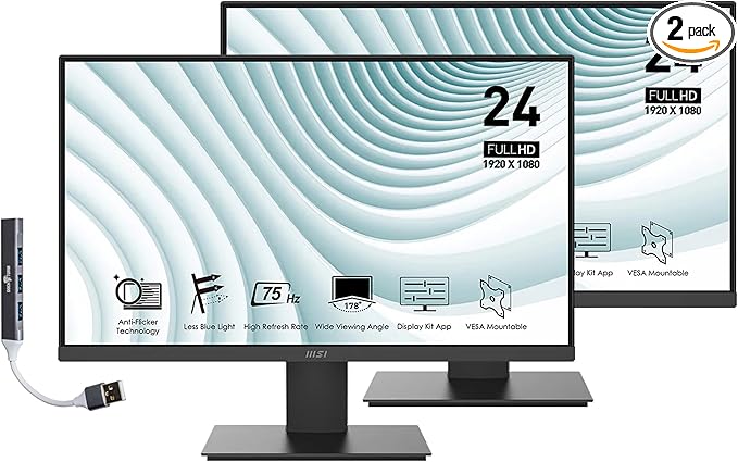 msi PRO MP241X 24 FHD VA Monitor with 4ms Response Time Anti Glare Flicker Free VESA Mount (75mm) HDMI VGA &amp Dockztorm USB Port Expander Black Color 2 Pack