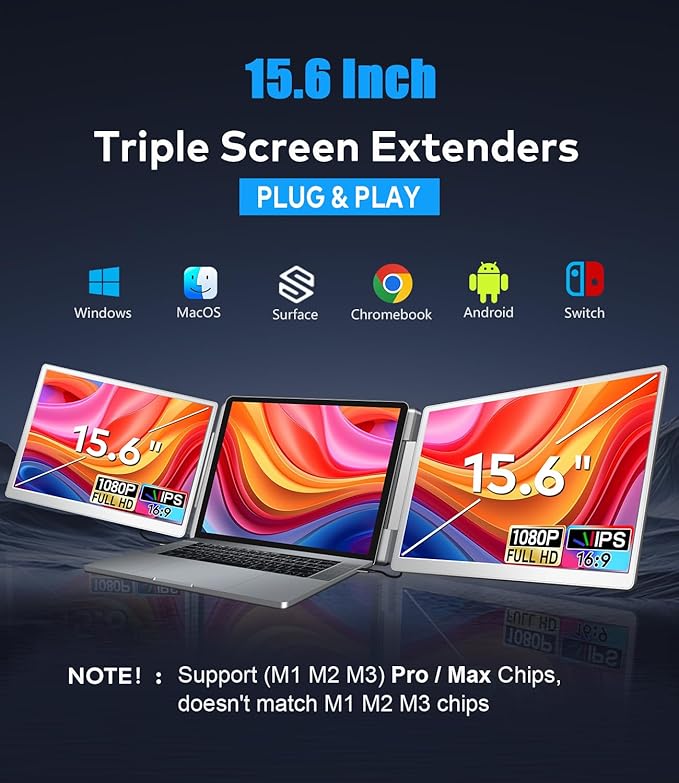 15.6 Laptop Screen Extender Left Screen 360° Flip Triple Screen Monitor Extender FHD 1080P IPS Portable Travel Monitor Display fit for 12–18.5 Laptops Compatible with Windows and MacBook-S10