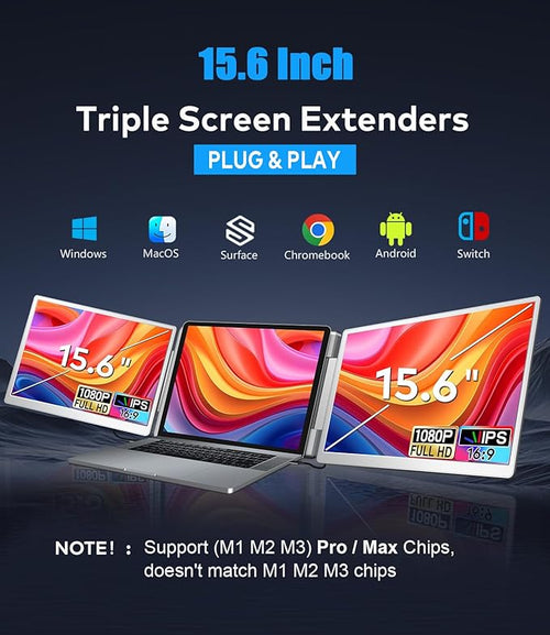 15.6 Laptop Screen Extender Left Screen 360° Flip Triple Screen Monitor Extender FHD 1080P IPS Portable Travel Monitor Display fit for 12–18.5 Laptops Compatible with Windows and MacBook-S10