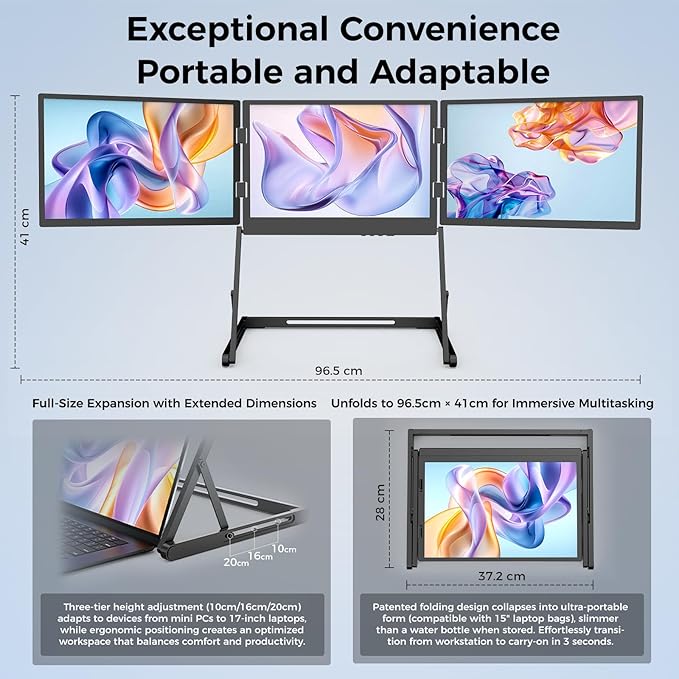 14-inch Laptop Screen Extender with 360° Swivel Axis Design Portable Foldable Triple Monitor HDMI/USB-C Compatible with Windows Mac