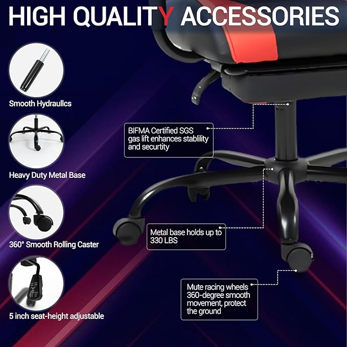 Gaming Chair with Footrest Ergonomic PC Desk Chair with Headrest and Massage Lumbar Support Video Game Chair w/Height Adjustable High Back for Home Office Red