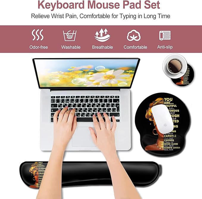 Black Mouse Pad with Stitched Edge Non-Slip Rubber Base Office Accessories Desk Decor for Computers Mouse Pad and Keyboard Wrist Guard SetAfrican American Wall Art Black Woman Queen Pattern