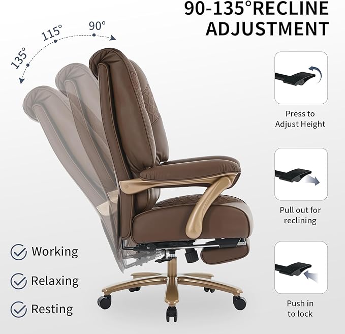 Big and Tall Executive Office Chair with Footrest 400LBS Capacity Ergonomic High-Back Desk Office Chair with Lumbar Support Padded Armrests &amp Thick Cushion Brown PU Leather Chairs