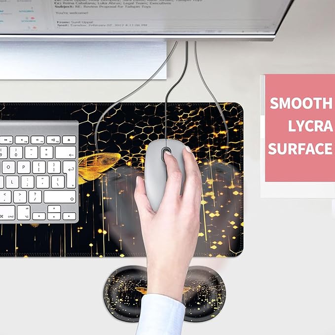 Mouse PadLarge Desk Mat Set 4in1 XL Mousepad + Keyboard Wrist Rest+Mouse Wrist Rest+Coaster with Ergonomic Desk Pad for Home Office Table Computer Cover -Glowing Bee and Honeycomb