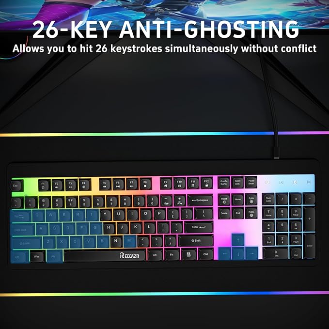 RECCAZR Rainbow LED Backlit Gaming Keyboard104 Full-Size Mechanical Feeling Multimedia PC Gaming Keyboard Anti-GhostingSpill-Resistant for PC and Office Device