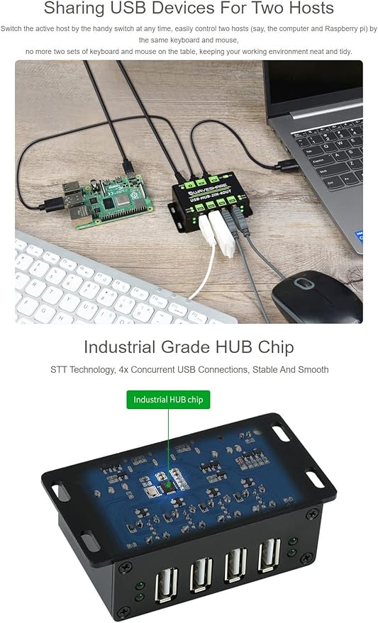 Waveshare Industrial Grade USB HUB Extending 4X USB 2.0 Ports Switchable Dual Hosts Sharing USB Devices for Two Hosts