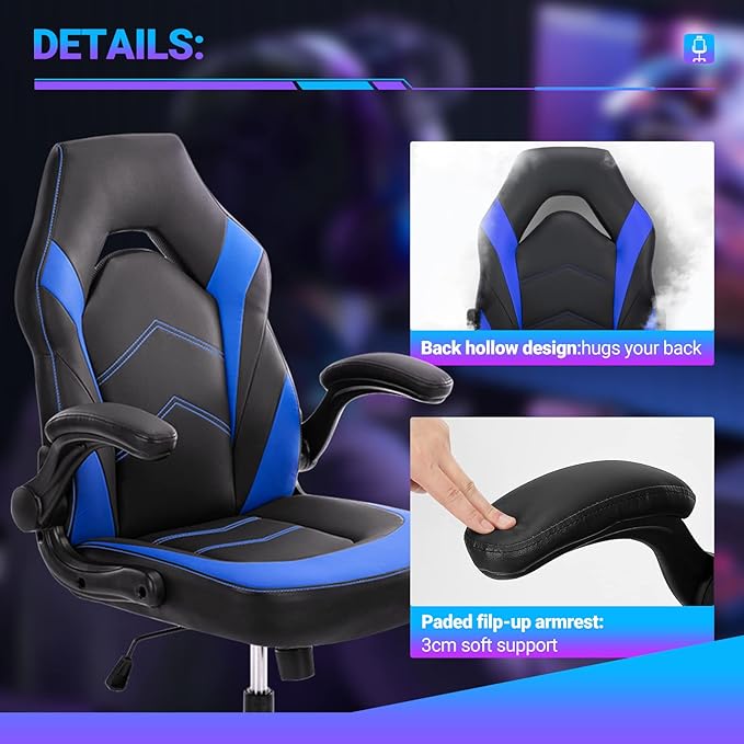 Yapamar Gaming ChairPU Leather Ergonomic Office Chair Swivel Computer Gaming Chair with Lumbar Support - Blue