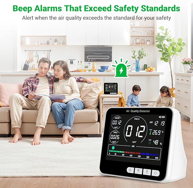 14 in 1 Air Quality Monitor Indoor with Beep Alarm 6 AQI Air Quality Detector with PM1.0|PM2.5|PM10|HCHO|TVOC|AQI|Temperature|Humidity|Time for Home Hotel Office Car Battery Powered Air Monitor