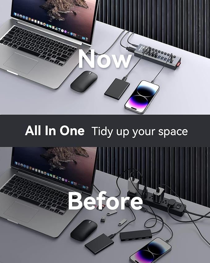 WENTER Powered USB Hub 3.0 with SD/TF Card Reader Aluminum 10 Port Powered USB Hub (9 USB 3.0 Data Transfer Port &amp 1 USB Fast Charging Port Hub) USB 3.0 Hub for PC Laptop