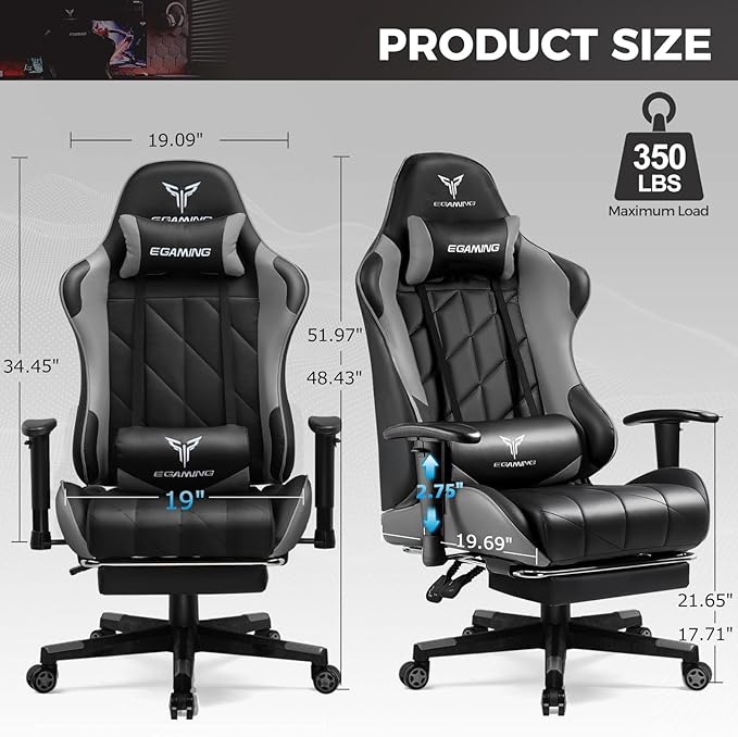 Gaming Chair Big and Tall Video Game Chair with High Back PU Leather Home Office Ergonomic Computer Chair with Footrest Adjustable Height 360° Swivel Wheels for Adults and Teens (Grey)