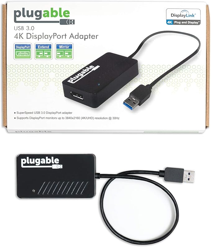 Plugable USB 3.0 to DisplayPort 4K DisplayLink Video Graphics Adapter for Multiple Monitors up to 3840x2160 Supports Windows Mac and ChromeOS