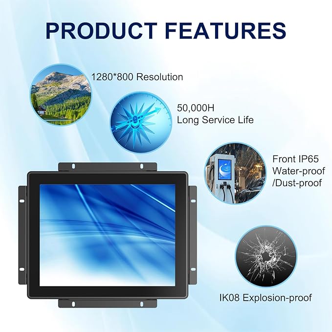 9.7 Inch Industrial Touch Display 1024x768 Open Frame Touch Screen Monitor with HD-MI &amp VGA Inputs Metal Back Housing LED Backlight Display VESA Mount &amp Open-Frame Bracket Installation