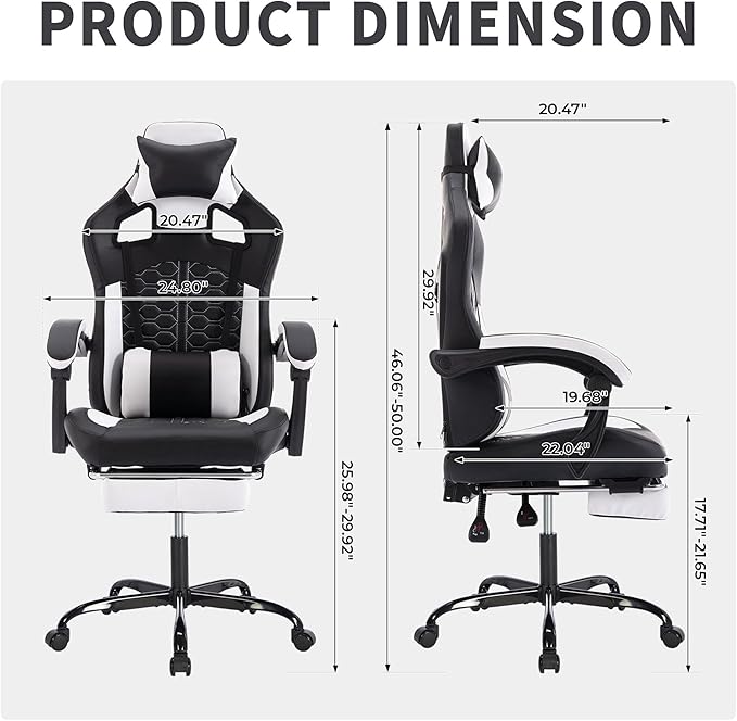 Black Gaming Chairs with Footrest PVC Leather Video Game Chair for Adults Ergonomic Gaming Chair with Headrest &amp Lumbar Support Reclining Gamer Chairs with Adjustable Backrest (Black+White)