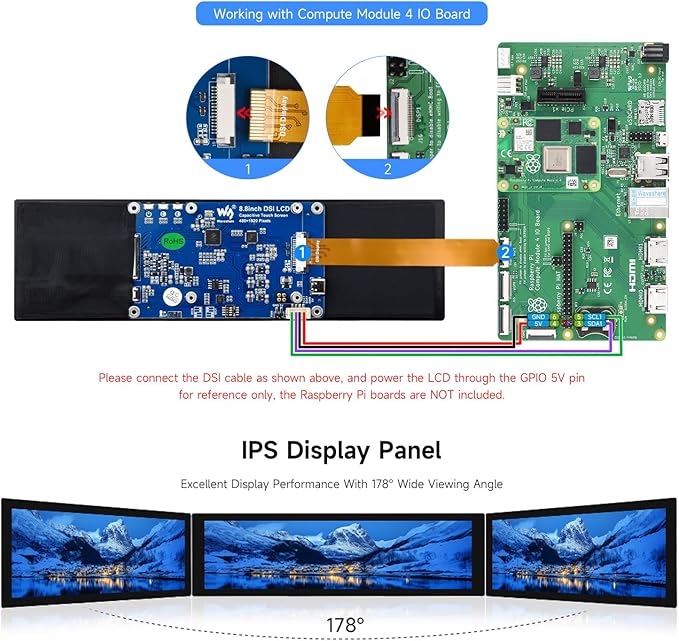 waveshare 8.8inch DSI Capacitive Touch Display Compatible with Raspberry Pi 5/4B/3B/CM3/3+/4 480 × 1920 IPS Optical Bonding Toughened Glass Panel DSI Interface 10-Point Touch