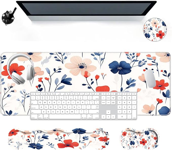 Large Mouse Pad Wrist Support SetDesk Pad+Keyboard Wrist Rest+Mouse Pad Wrist Support+Coaster4in1 XXL Big MousepadErgonomic Design Gaming Mat for Home Office TableBeautiful Flowers