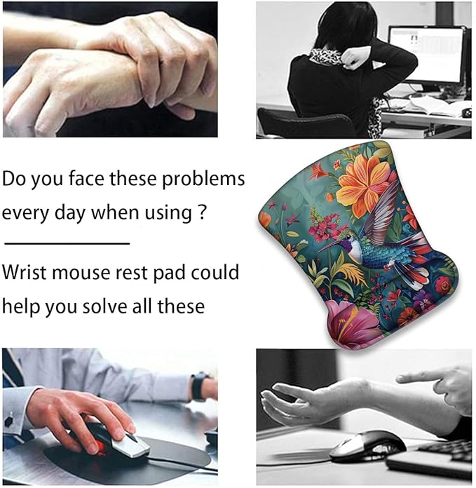 Mouse Wrist Rest and Keyboard Wrist Rest Pad+ Coaster Set Non-Slip Rubber Base Smooth Surface Ergonomic Gaming Mouse Pad for Easy Typing and Pain Relief Flowers and Hummingbirds