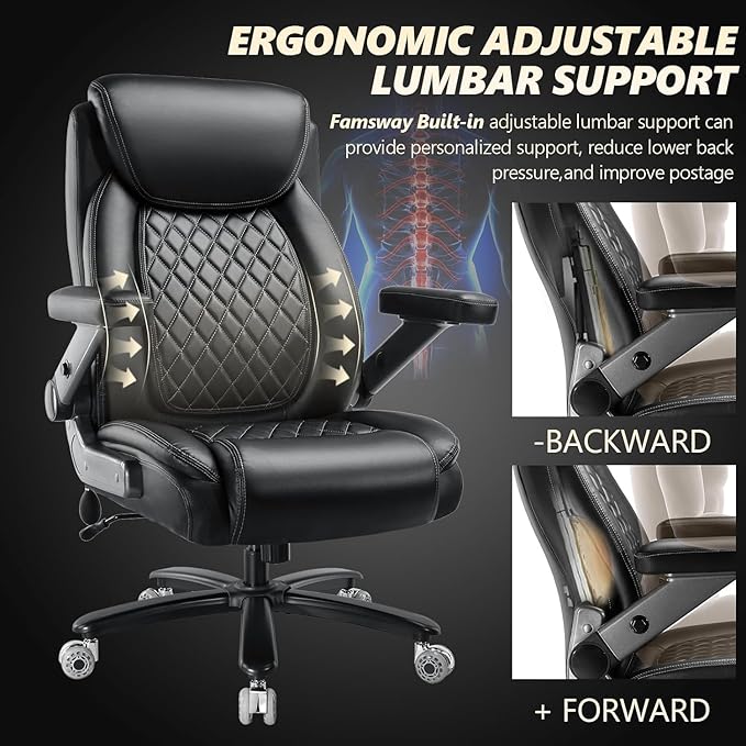 700LBS Large Heavy Duty Office Chair with 5D Flip Arms Comfy Big and Tall Executive Office Desk Chair with Pocket Spring Cushion High Back Computer Chair with Lumbar SupportDual Rubber Wheel
