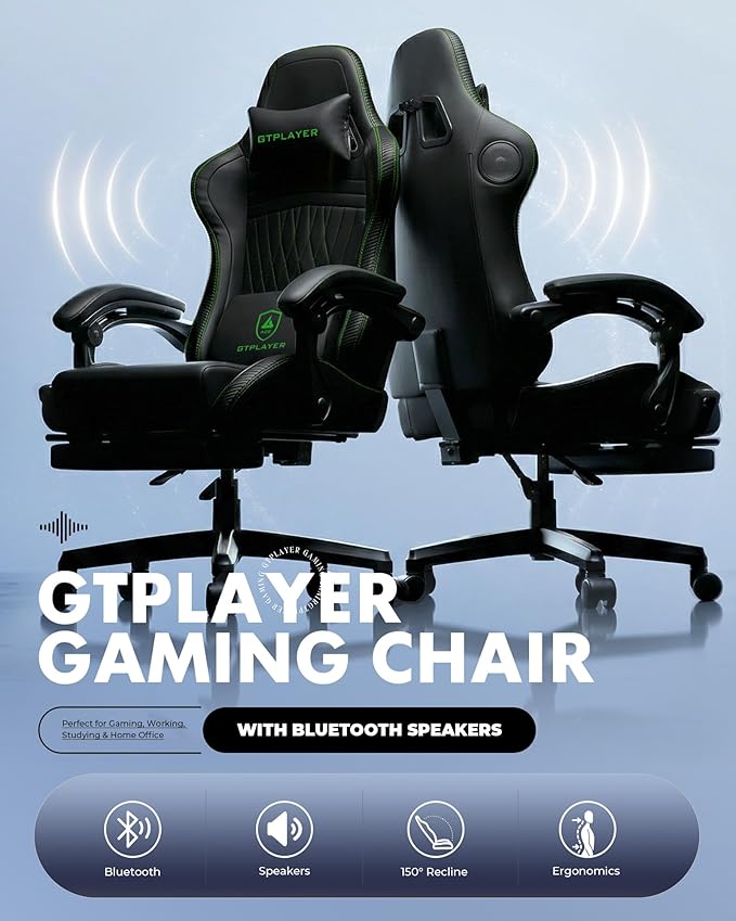 GTPLAYER Gaming Chair for Adults Ergonomic Video Game Chairs Footrest &amp Linkage Armrest Reclining High Back Silla Gamer with Speakers for Home Office Ace Pro Black &amp Green