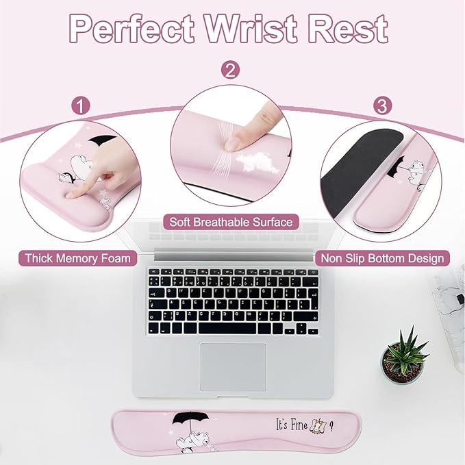 MEGREZ 4-in-1 Ergonomic Memory Foam Wrist Rest Set Desk Pad Mouse Pad with Wrist Rest Keyboard Pad Suitable for Office Workers Programmers &amp Gamers–Relieve Typing &amp Gaming Fatigue Pink