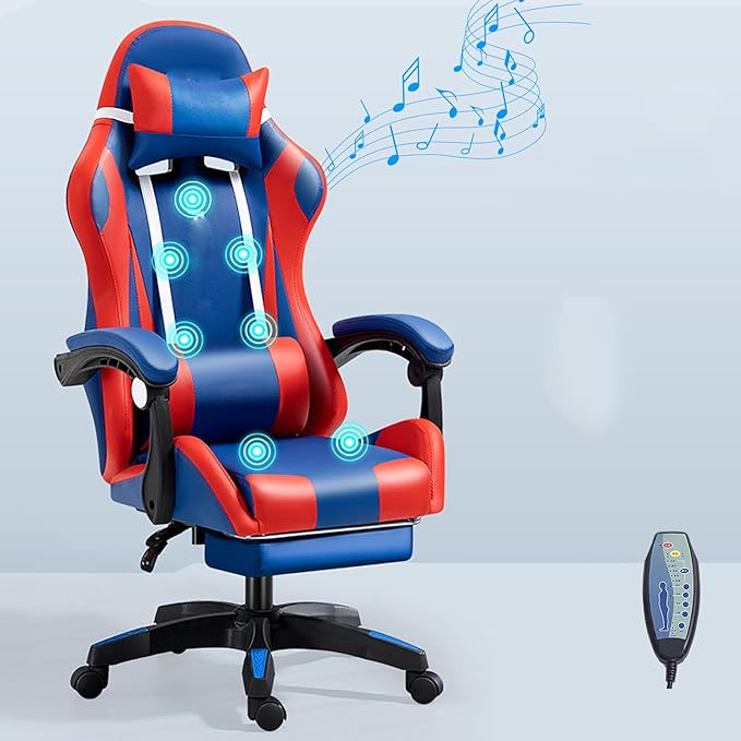 RGB Gaming Chair with Footrest Ergonomic Massage Computer Desk Chair Video Gaming Chair with Speakers Lumbar Support Height &amp Angles Adjustable Reclining Gamer ChairSound/7 Point Massage