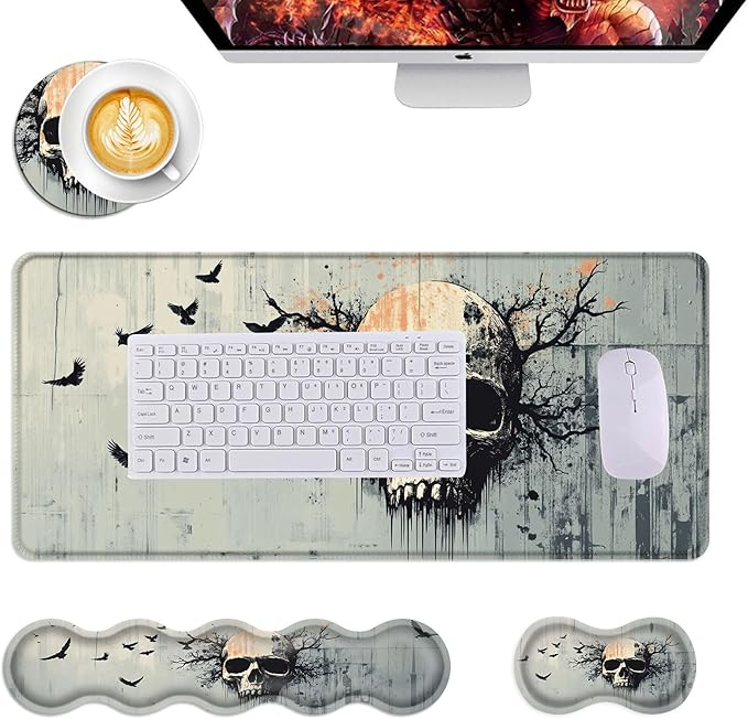Mouse PadLarge Desk Mat Set 4in1 XL Mousepad + Keyboard Wrist Rest+Mouse Wrist Rest+Coaster with Ergonomic Desk Pad for Home Office Table Computer Cover -Skull with Branches and Crows