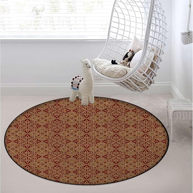 Vermilion Orange Marble Round Area Rug Throw Rugs Soft Washable Small Round Floor Mats for Bedroom Living Room Victorian Old Fashioned Traditional Diameter 47.2 in